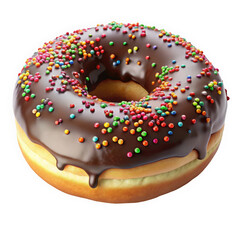 A delicious chocolate-covered donut adorned with colorful sprinkles, showcasing a tempting dessert perfect for any occasion.