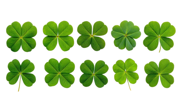 Row of clover leaves isolated on transparent background for good luck,  celebrations