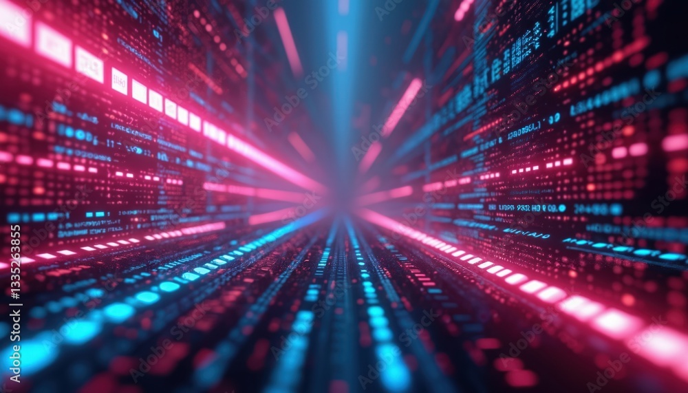 Fototapete Hi-tech blue, red background with abstract data flow, matrix effects. Binary code, numbers. Coding software cyberspace tech cyber virtual connect system future futuristic global media science