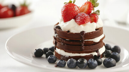 A plate of freshly made cocoa waffles, rich in flavor and perfectly golden, topped with an assortment of vibrant berry fruits such as strawberries, blueberries, and raspberries.