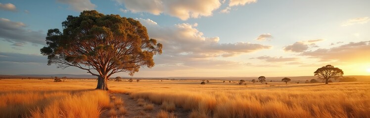 Australian outback landscape at sunset. Golden light bathes dry grassland, single tree stands tall against sky. Remote wilderness, nature reserve, arid environment, open space.