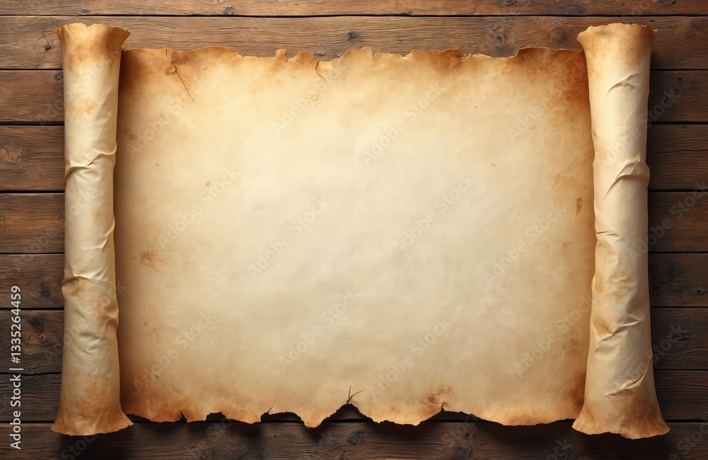 Poster Flatlay of unrolled parchment scroll with visible creases, yellowed edges lies on rustic wooden surface. Aged antique paper sheet background with empty space for text. Retro manuscript style template.