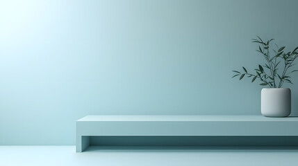 Serene Minimalist Interior with Plant: A minimalist interior scene showcases a sleek, pale blue shelf with a simple plant in a minimalist pot. This image is ideal for visualizing a clean.