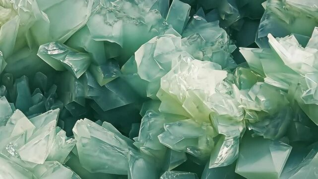 A close-up view of translucent green prehnite crystals, showcasing their jagged edges and varying shades of green. The crystals are densely packed, creating a textured surface that reflects light.