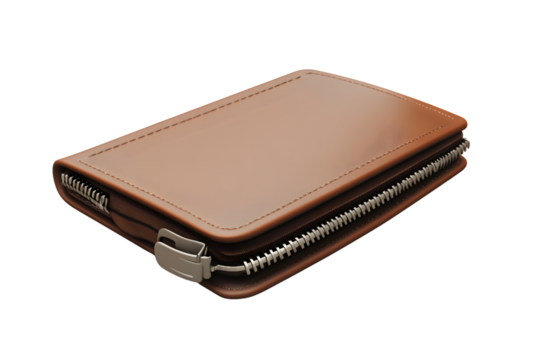Brown Leather Wallet with Zipper Closure and Stitching Details