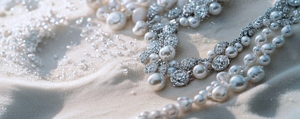 Elegant pearl necklaces on a light beige surface