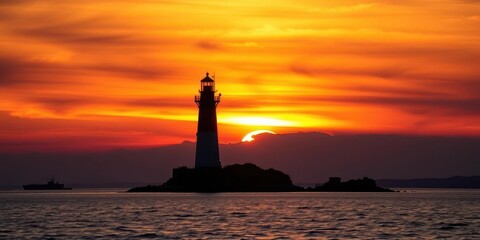 Majestic Marshall Point Lighthouse silhouetted against a vibrant sunset sky, waves, maine