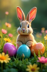 Whimsical bunny with fluffy fur standing proudly near colorful eggs, set against a backdrop of radiant flowers and grass. Enchanting scene ideal for Easter celebration graphics and invitations.