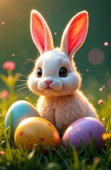 Whimsical bunny with fluffy fur standing proudly near colorful eggs, set against a backdrop of radiant flowers and grass. Enchanting scene ideal for Easter celebration graphics and invitations.