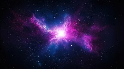 A vibrant nebula with pink, purple, and blue hues fills the vast expanse of space.