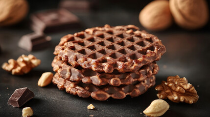 A delectable plate of chocolate waffles topped with crunchy nuts, beautifully arranged on a wooden table.
