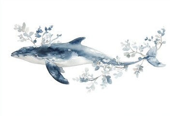 Serene Watercolor Whale with Delicate Blue Botanicals Elegant Aquatic Marine Life Painting Artistic Ocean Wildlife Illustration Peaceful Underwater   