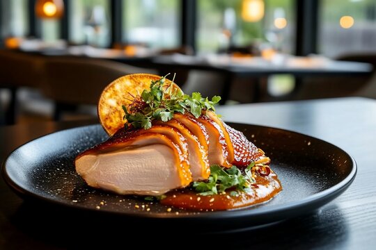 Sliced roasted duck breast, orange slices, and sauce on a plate - Powered by Adobe