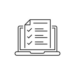 Online Exam, taking Test, Questionnaire or Checklist on Device Screen. Laptop with Online Form Survey Line Icon. Online Education and Elearning concept. Editable stroke. Vector illustration.