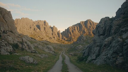 A winding dirt road traverses a rugged mountain landscape.