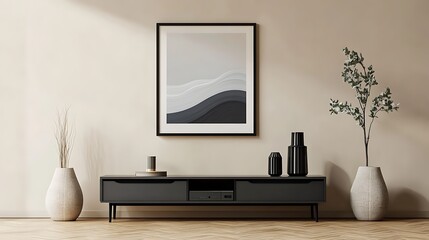 A minimalist living room featuring a modern console, artwork, and decorative vases.