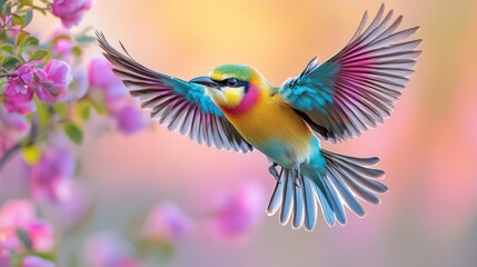 Obraz premium Vibrant bird in flight amidst blossoms