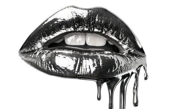 Silver lips dripping on transparent background: sensual metallic glamour