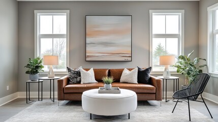 A sleek modern living room with light gray walls, large windows letting in soft natural light