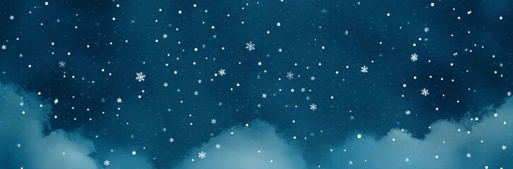 Dark teal blue night sky with fluffy clouds. Snow star snowing blizzard storm snowstorm snowflakes snowfall flake. Snowy winter background. Frost cold frozen ice. Christmas Xmas New Year.