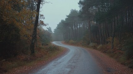 Obraz premium Misty Autumn Road Winding Through a Serene Forest