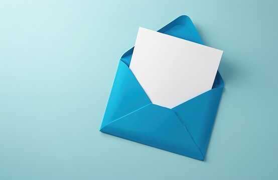 Top view of open blue envelope with blank paper sheet on isolated pastel blue background. Mockup template with copy space. Used for postal correspondence or marketing newsletter design.
