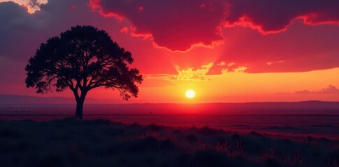 Obraz premium Silhouetted trees against a fiery sunset sky over vast farmland , photography, scene