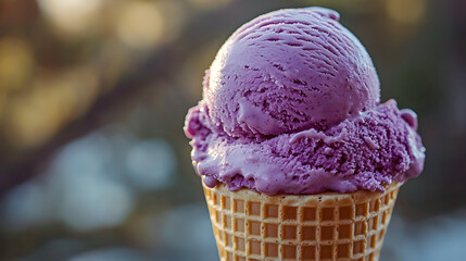 Purple Ice Cream in Waffle Cone: A close-up of a scoop of rich, purple ice cream, nestled perfectly within a crispy waffle cone, offering a cool, sweet treat.