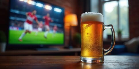 Frosty mug of beer next to a TV showing a sports match , frosty, screen