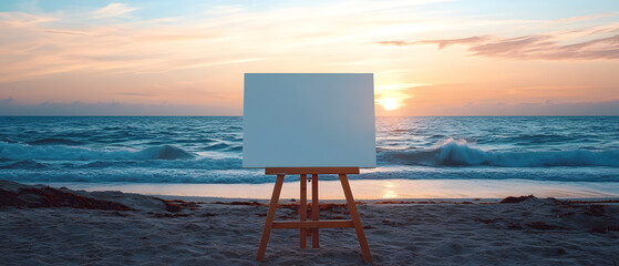 Blank canvas on easel by the beach at sunset highlighting creative inspiration and nature's beauty