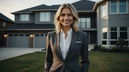 Fototapeta premium Good-looking caucasian gal front of gray themed elegant house on a business attire smiling