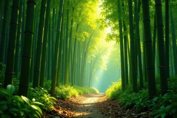 Fototapeta premium Sun-dappled bamboo grove, tranquil atmosphere, serene, natural