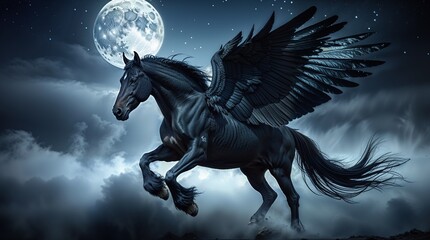 Majestic Winged Horse Running Under a Full Moon in a Mystical Night Sky