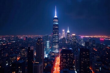 Bright city lights illuminate a towering skyscraper at night, imposing, impressive, scene