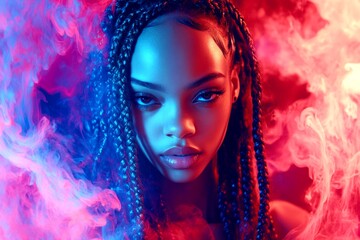 Fototapeta premium Commercial commercial concept art. Long hairdo - braids hair. Lovely calm mixed-race girl - for ads, ad page and social platforms use. Colored hair artistry. Vibrant hair portrait styles.