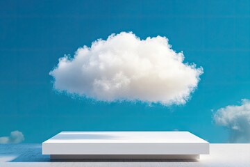 Cloud-shaped object floating over a white platform against a vibrant blue sky