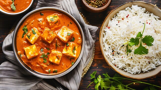 Vibrant red orange curry with soft grilled paneer cubes simmering in rich tomato based gravy paired with perfectly cooked cumin rice