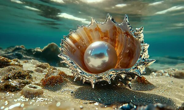 Big pearl resting on an open shell underwater on the seabed