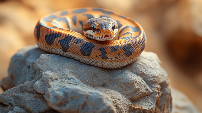 Ball python coiled on gray rock, exotic pet reptile with orange and blue pattern. Wildlife photography of tropical snake species in natural environment