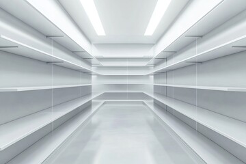Obraz premium Empty White Shelves Modern Minimalist Retail Store Interior Design Showcase Product Display Space Blank Room Architecture Background Clean Bright 