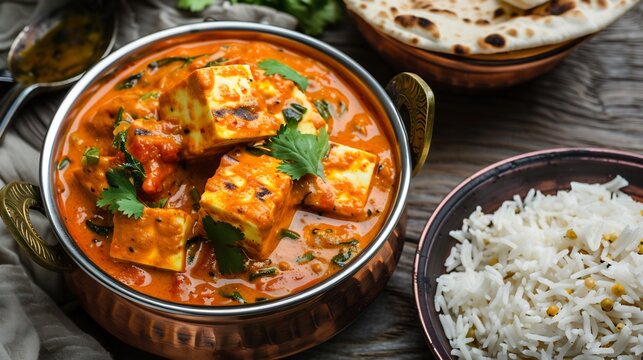 Vibrant red orange curry with soft grilled paneer cubes simmering in rich tomato based gravy paired with perfectly cooked cumin rice