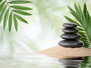 Naklejka premium Tranquil Zen Garden with Stacked Stones and Lush Greenery Reflection