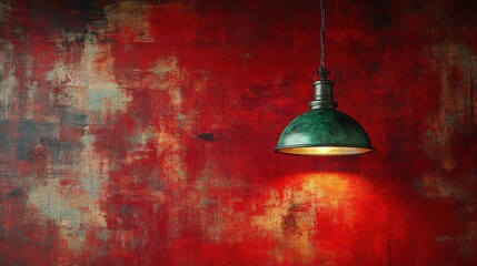 Obraz premium Vintage green pendant light against a textured red wall