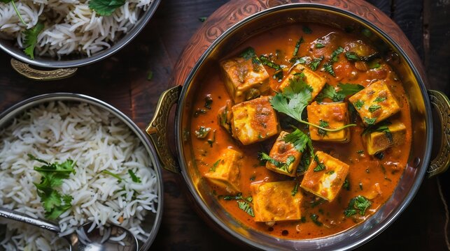 Vibrant red orange curry with soft grilled paneer cubes simmering in rich tomato based gravy paired with perfectly cooked cumin rice