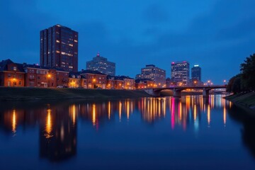 Naklejka premium Blue hour casts glow on Evansville's riverside buildings reflecting in the water , photo, composition
