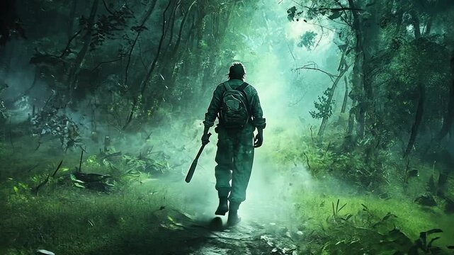 Man with machete and backpack ventures into deep forest on a misty, mysterious path