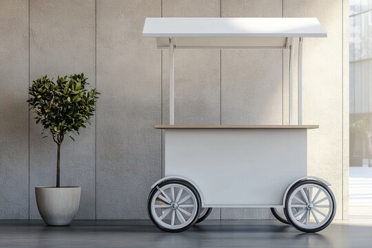 Modern White Mobile Food Cart Stand Small Business Vendor Cart Wheels Outdoor Marketing Promotion Display Retail Blank Simple Elegant Design Perfect  
