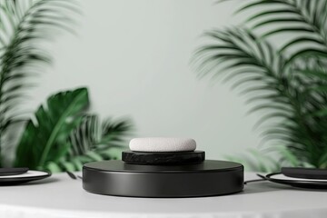 Minimalist product display, featuring a black rotating platform with a white object, surrounded by lush greenery