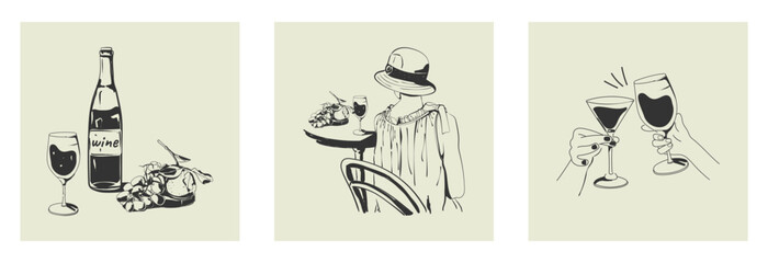 La Dolce Vita. A woman in a hat at a table with wine and fruit, a bottle of wine, glasses, hands with cocktails. Hand drawn ink vector illustration for menu, background, restaurant, branding, print.