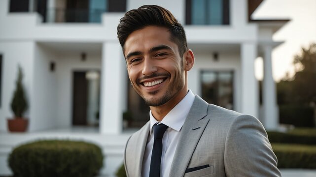 Good-looking hispanic guy front of white themed elegant house on a business attire smiling